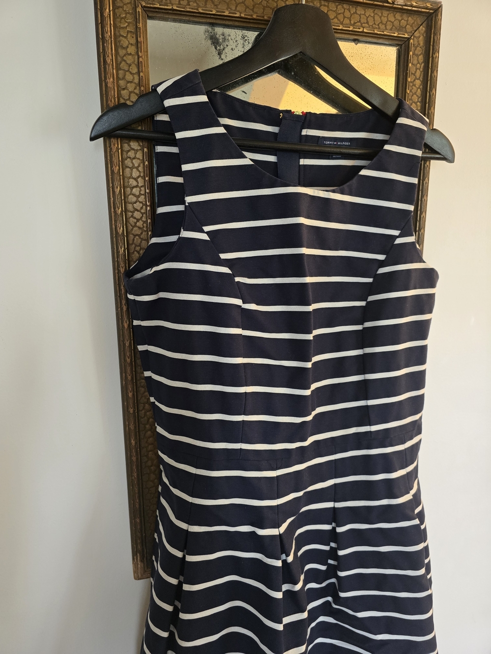 Tommy Hilfiger Navy and White Striped Sleeveless Fit-and-Flare Dress